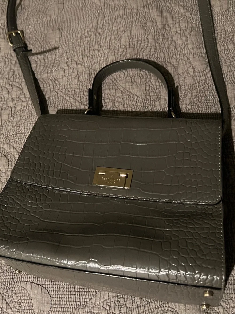 Kate Spade Doris Croc Embossed Dark Gray Patent Structured Tote Bag w/ 2 Handles